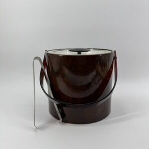 Vintage George Briard Faux Tortoiseshell Ice Bucket Barware Lid Tongs MCM